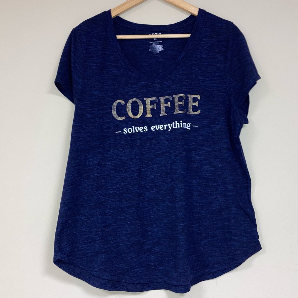 Coffee Solves Everything Shirt Women’s XL Navy Blue Gold Funny Novelty top Flowy